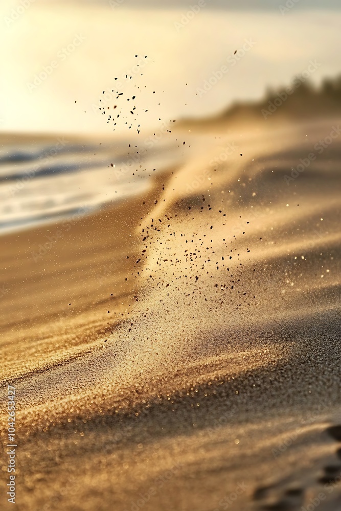 Poster a serene beach scene featuring fine sand particles dancing in the air, creating an enchanting atmosp