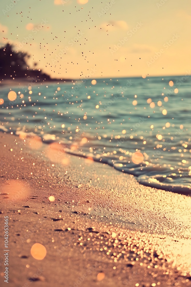 Poster a serene beach scene at sunset, with gentle waves lapping the shore and golden sunlit sparkles creat