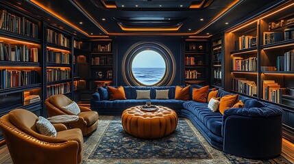 Luxurious library with large round window overlooking ocean.