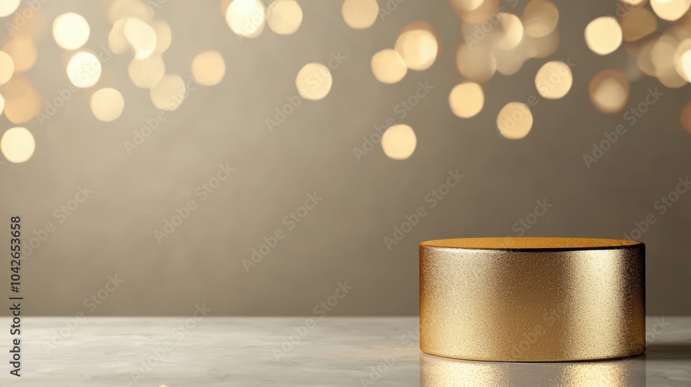 Poster a shimmering golden cylindrical object on a reflective surface, set against a softly blurred, bokeh 