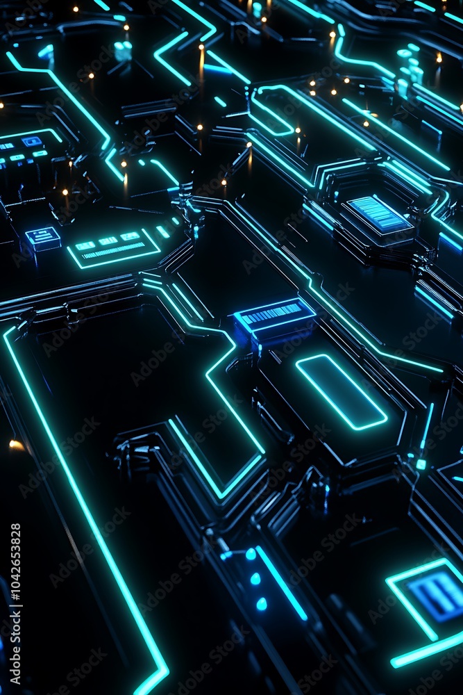 Poster a vibrant, futuristic circuit board illuminated by neon lights, showcasing intricate pathways and no