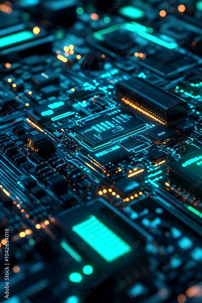 Poster a close-up view of a circuit board illuminated with vibrant blue and orange lights, showcasing intri