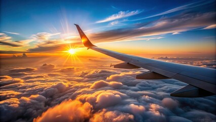 Naklejka premium Rising sun hitting the wing of a plane in the sky, Airplane, Sunrise, Flight, Travel, Air travel, Transportation, Jet, Sky