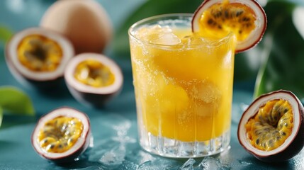 Fototapeta premium Passionfruit Cocktail with Sliced Passionfruit and Ice