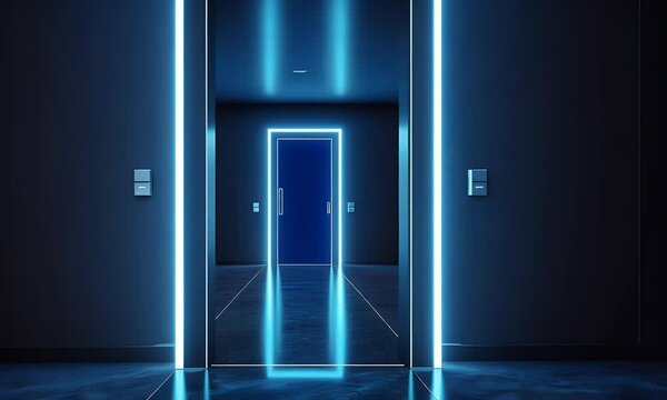 Abstract blue background with doors and lights, dark room with neon light in the style of 3D rendering, high resolution.
