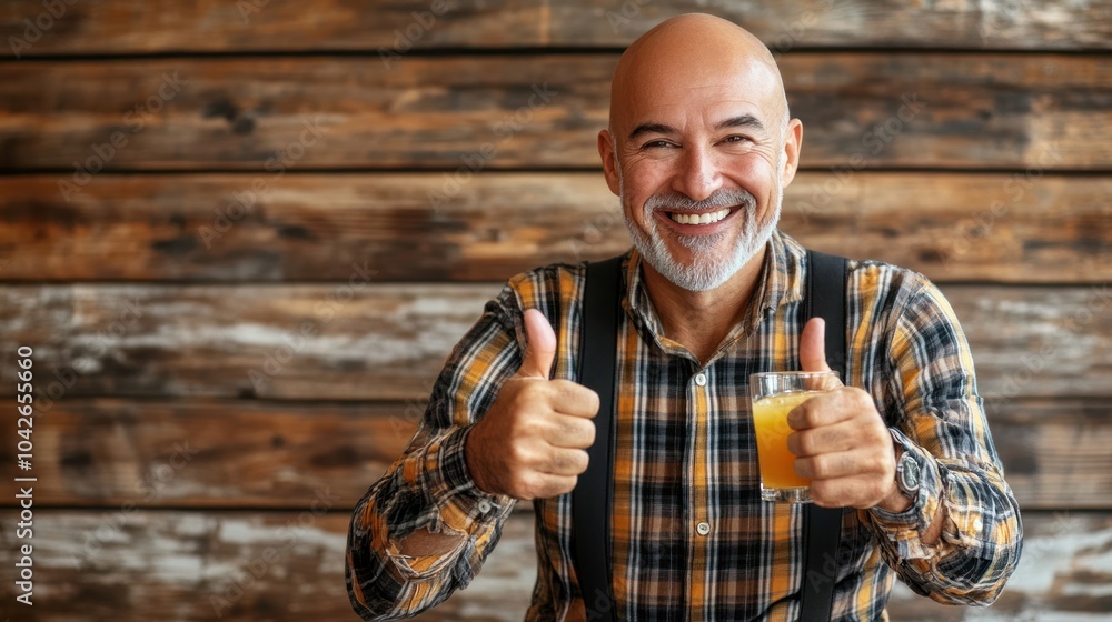 Poster a smiling man with a drink gives a thumbs-up in a rustic setting.