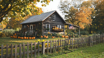 A quaint wooden farmhouse with a rustic fence, decorated with fall pumpkins and Thanksgiving cheer.