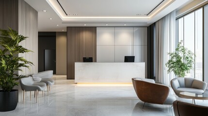 Fototapeta premium Modern reception area with sleek furniture and large windows creating a welcoming atmosphere.