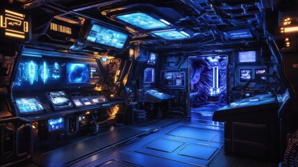 Obraz premium Futuristic Sci fi Spaceship Interior Design with Neon Lights, Monitors, and Technology