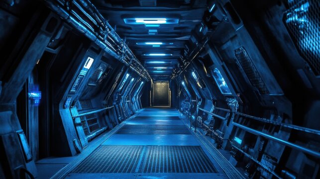 Futuristic spaceship corridor with blue neon lights and metallic walls, Sci fi interior design