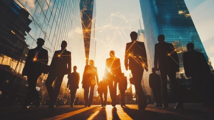Silhouetted professionals walking towards the sunset in a cityscape, symbolizing ambition.