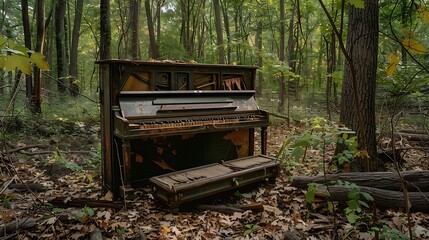 A view of an ancient lonely piano in the woods