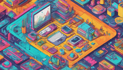 vibrant and colorful digital workspace filled with various gadgets, tools, and decorative items, showcasing modern and creative environment. intricate design features computer, plants, and array of