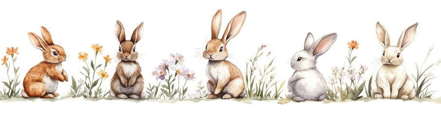 Obraz premium Five cute bunnies sitting in a row amongst green grass and flowers, illustrated in a watercolor style.