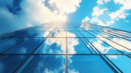 A modern skyscraper reflecting clouds and blue sky, showcasing architectural design.