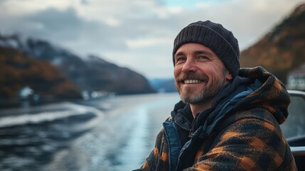 Joyful Adventurer Smiling on a Scenic Waterfront Journey Surrounded by Nature's Beauty and Tranquility