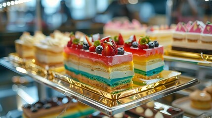 A view of colorful pastries on golden edged cardboard displayed on an expensive platinum table