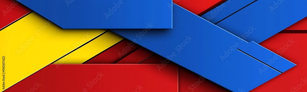 Poster a vibrant abstract design featuring intersecting blue, yellow, and red geometric shapes, creating an