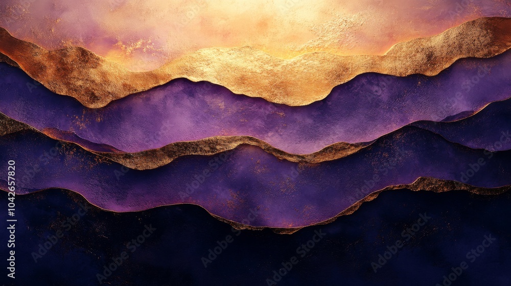 Poster the artwork showcases an abstract representation of a mountainous landscape with rich layers of purp