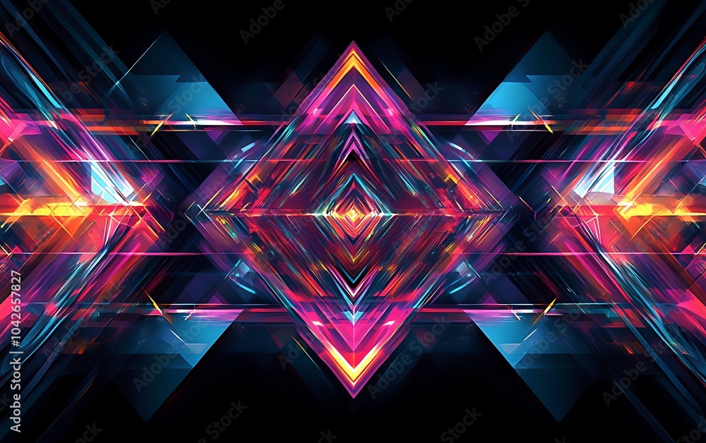 Poster a vibrant, abstract digital artwork featuring geometric shapes and bright colors, creating a dynamic