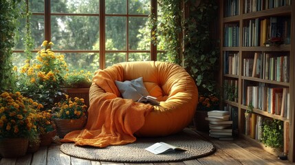 Cozy reading nook with a bean bag, plants, and books.