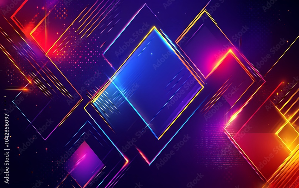 Poster a vibrant digital abstract design featuring colorful glowing squares on a dark background, evoking a