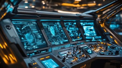 Fototapeta premium Futuristic spacecraft control panel with glowing screens and advanced technology interface