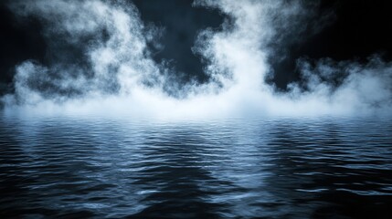 Water surface with magic neon glow from inside and smoke on top. Mystery dark background with spooky white light from underwater and fog