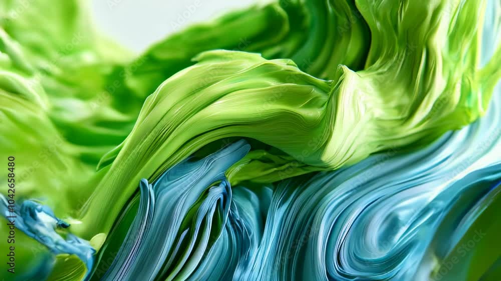 Poster abstract flowing textures of green and blue paint in a dynamic, wave-like motion, creating a vivid a
