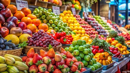 Fresh Organic Fruits Market Display: Grapes, Oranges, Grapefruit, Strawberries, Mangoes, Tangerines for Healthy