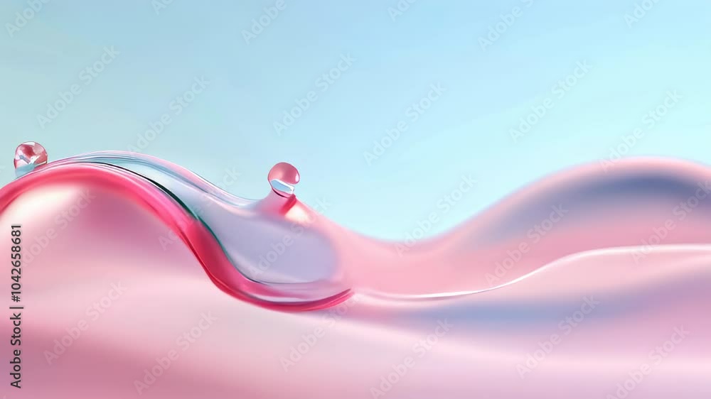 Poster a minimalistic abstract image of fluid-like pink and blue waves, featuring soft reflections and smoo