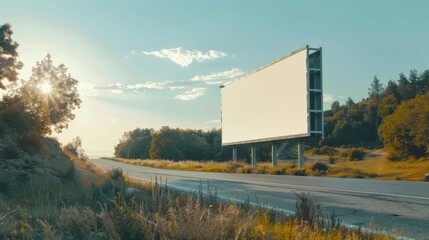 Obraz premium Empty billboard beside a quiet rural road at sunset with nature surrounding