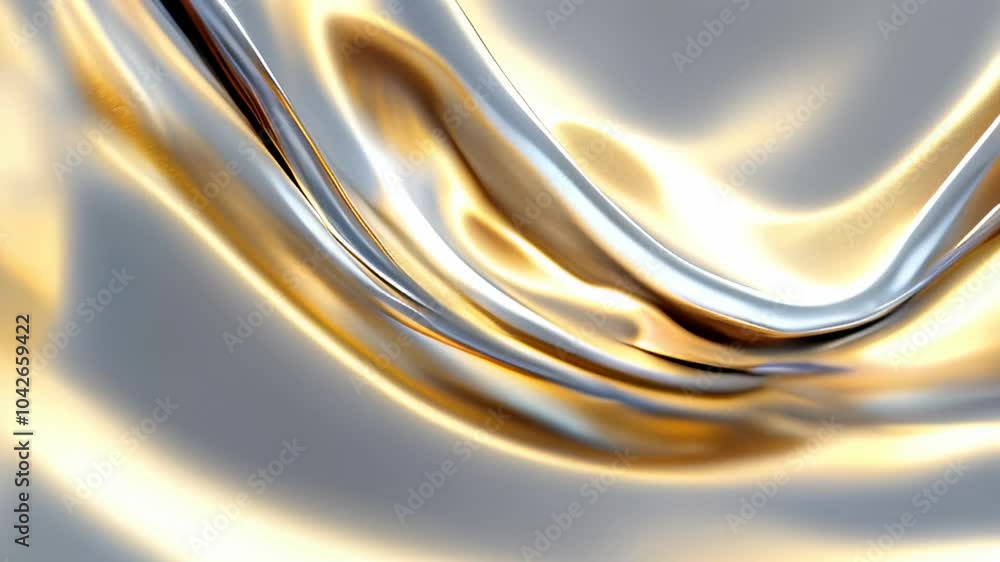 Poster an elegant fluid abstract design with smooth, flowing gold and silver metallic textures, creating a 