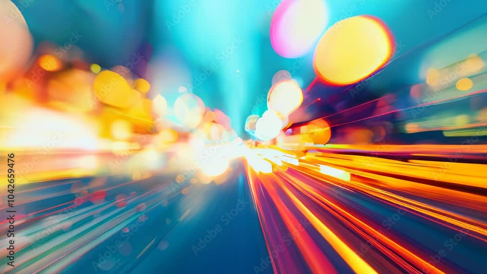 Poster a futuristic urban scene featuring vibrant light trails and glowing bokeh, creating a dynamic sense 