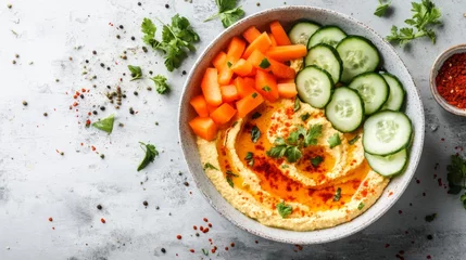 Hummus with Carrot and Cucumber Slices in a Bowl © IMAGINIAC