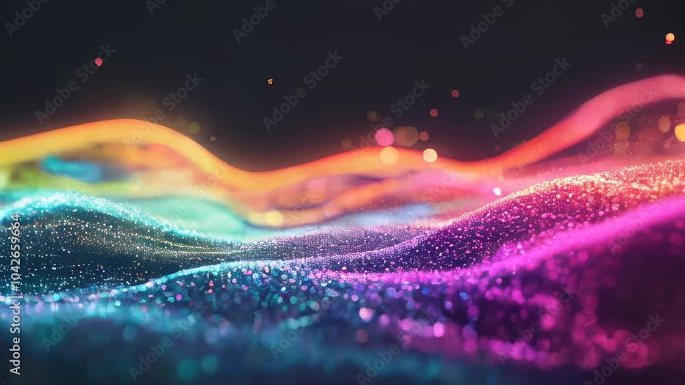 Poster an abstract digital landscape featuring colorful waves of particles, creating a vibrant, dynamic, an