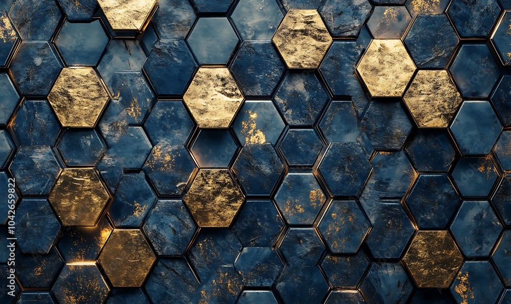 Aufkleber A textured abstract background featuring hexagonal tiles in deep blue and gold tones, creating a modern and elegant visual appeal.
