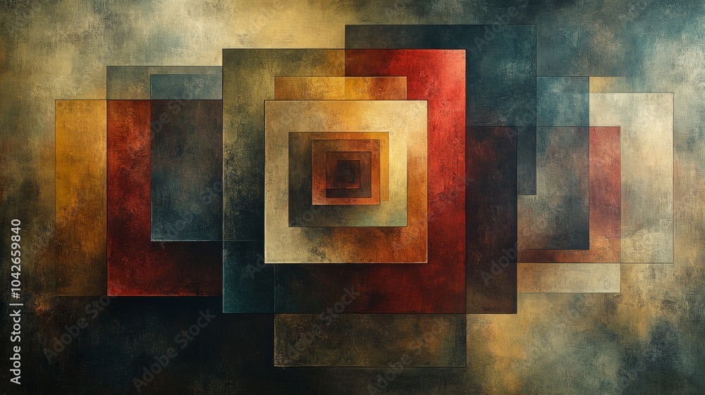 Poster This artwork displays a series of overlapping squares in rich colors and textures, creating a mesmerizing abstract effect reminiscent of depth and dimension.