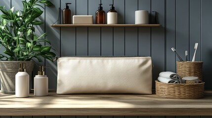 3D mockup of a plain toiletry bag for travel essentials. --ar 16:9 --stylize 750 --v 6.1 Job ID: 9b8aa806-b4e1-453e-8b07-7ce1a5d25a65