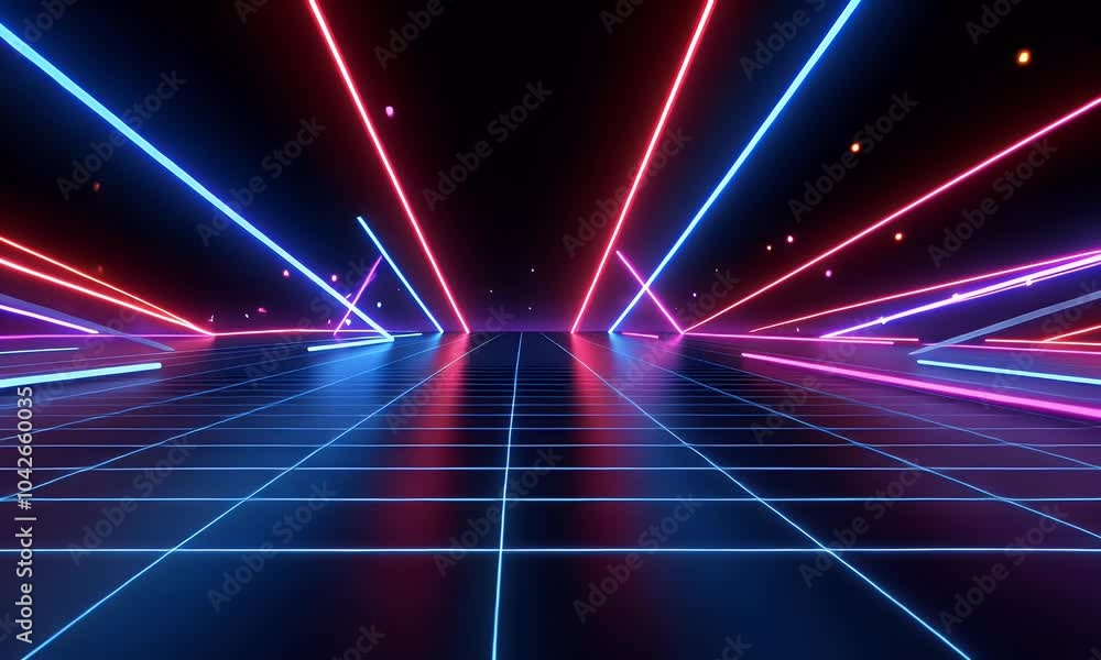 Poster 3d render, abstract background with neon laser light rays on a dark, empty black space for a design 