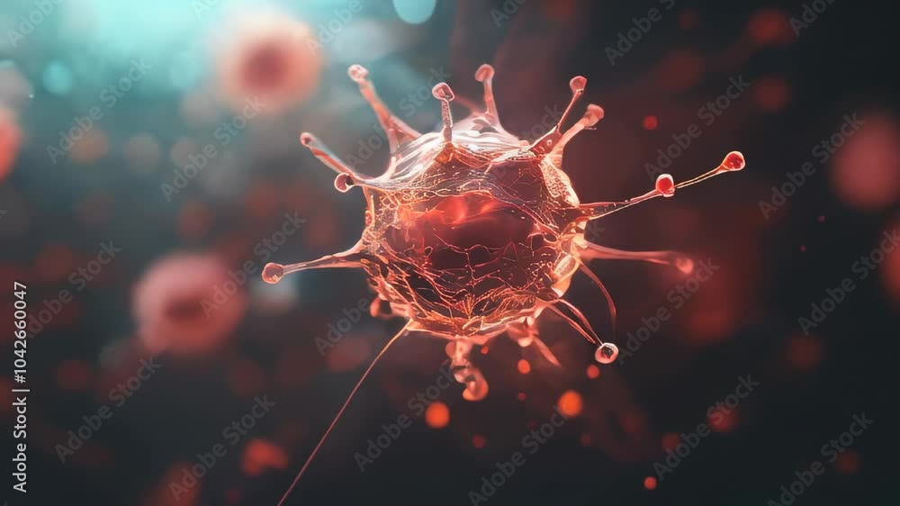 Poster a detailed 3d rendering of a virus-like structure with glowing red spikes, set against a blurred, gl