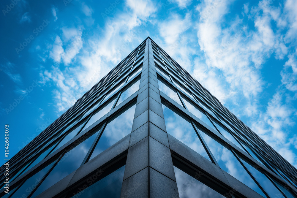 Wall mural looking up at a modern high-rise residential building facade in triangular design