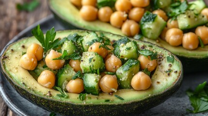 Avocado halves filled with chickpea, cucumber, and parsley salad