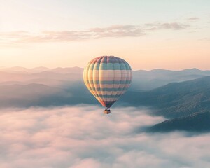 A vibrant hot air balloon floats gracefully above the clouds during a breathtaking sunrise over the mountains, showcasing stunning natural beauty.