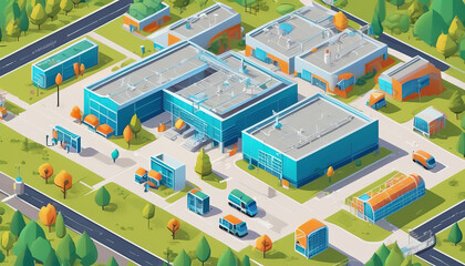 vibrant and detailed illustration of modern industrial complex featuring multiple buildings, vehicles, and landscaped areas. design showcases blend of functionality and aesthetics, creating inviting