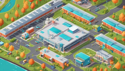 vibrant aerial view of modern educational campus featuring multiple buildings, swimming pools, and landscaped areas. scene is filled with colorful trees and vehicles, creating lively atmosphere