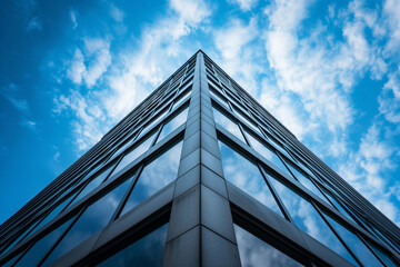  Looking up at a modern high-rise residential building facade in triangular design