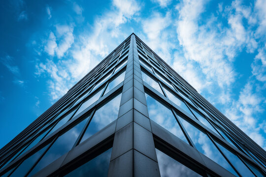  Looking up at a modern high-rise residential building facade in triangular design