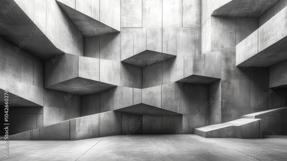 Poster The space showcases intricate textured concrete walls with a series of geometric shapes jutting out, creating a striking modern architectural appeal. The composition emphasizes depth and dimension.