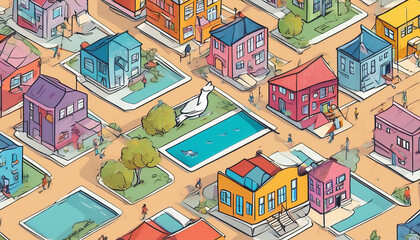 vibrant and colorful illustration of neighborhood filled with unique houses, people walking, and swimming pool. scene captures lively community atmosphere with playful architecture